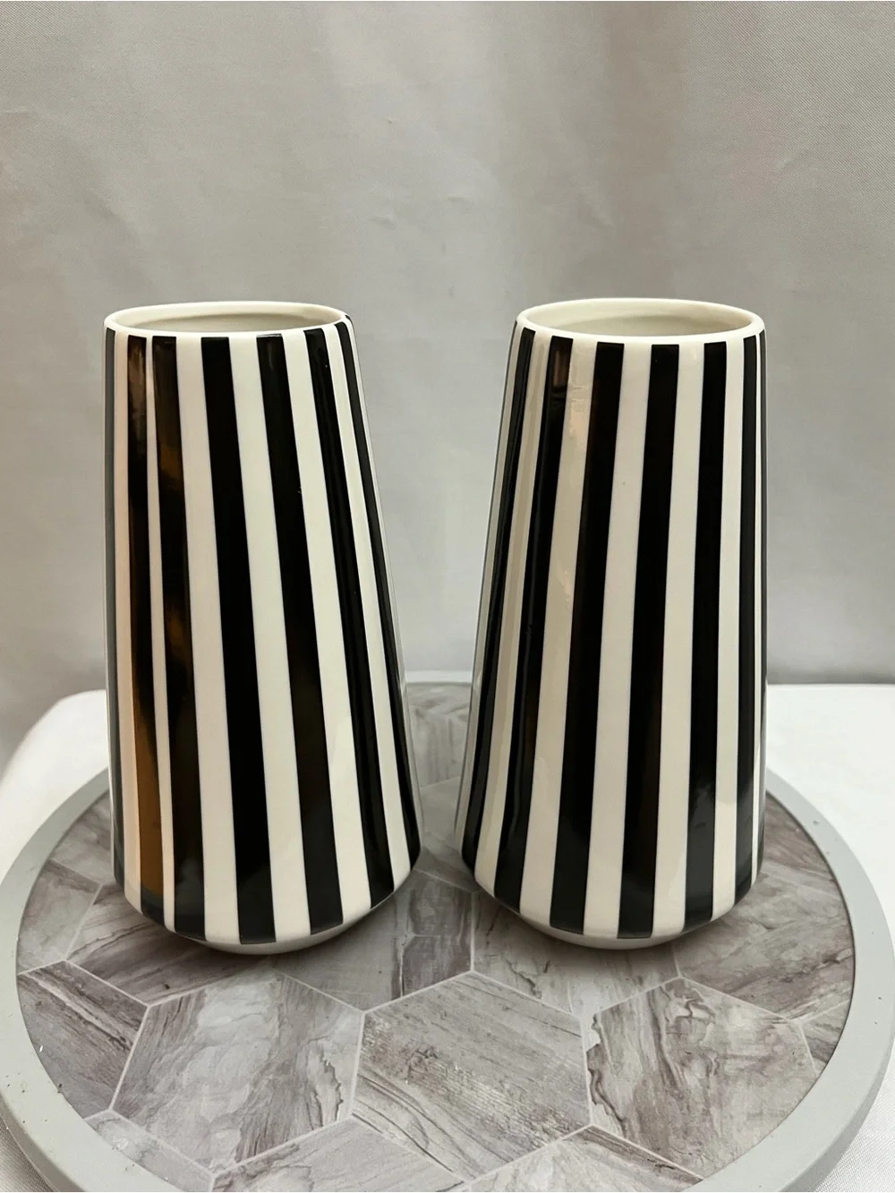 Modern Black White Striped Ceramic Bud Vases Set Of 2 Minimalist Decor 9.5”